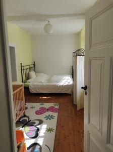 een kamer met een slaapkamer met een bed en een tapijt bij Schöne gemütliche Ferienwohnung am Saaleradweg in Großeutersdorf