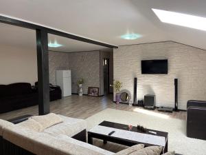 Lovely Apartment in Varlaam في Între Bîsci: غرفة معيشة مع أريكة ومدفأة