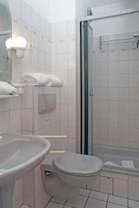 La salle de bains est pourvue de toilettes, d'un lavabo et d'une douche. dans l'établissement Fischerhus Wohnung 4, à Cuxhaven