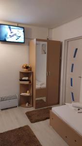 a bedroom with a bed and a tv on the wall at Casa Remus in Sulina