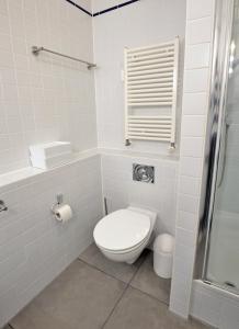 La salle de bains blanche est pourvue d'une douche et de toilettes. dans l'établissement Ferienwohnung Sonnenblick, à Wittenbeck