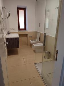 een badkamer met toilet en glazen douche bij Kalura Sea House in Cefalù