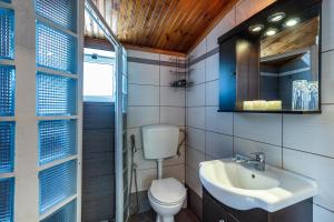 bagno con servizi igienici, lavandino e specchio di Regina Hotel a Skopelos Town