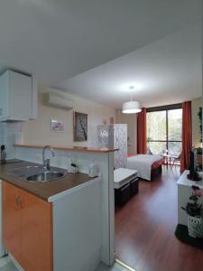 a kitchen with a sink and a living room at Madrid AlcoTour Apto trabajo y relax in Alcobendas