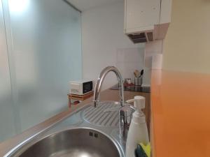 um lavatório de cozinha com uma garrafa de detergente em Madrid AlcoTour Apto trabajo y relax em Alcobendas