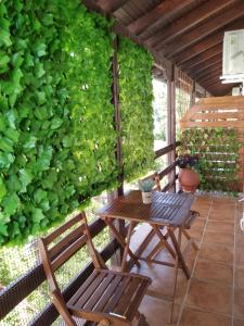 a patio with a table and chairs and a green wall at Niki Apartments Beach Loft in Platamonas