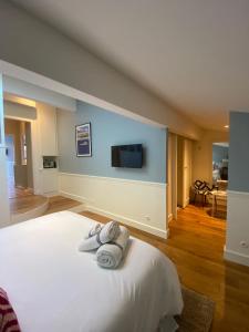 a bedroom with a white bed with a flat screen tv at LES CHAMBRES DE MARIE in Bordeaux