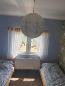 una stanza con due letti e una grande finestra di Apartament Pod Sosnami 1 Noclegi OTW Borówno Wlk Skarszewy a Skarszewy