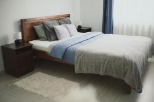 a bedroom with a bed with two nightstands and a bed sidx sidx sidx at Cozy Seaside Apartment in Liepāja