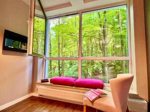 een stoel bij het raam met roze kussens voor een raam bij Apartament SPA 01 Resort Kozubnik blisko Szczyrk - 5D Apartamenty in Porąbka