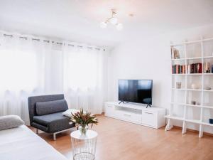 sala de estar con TV, sofá y silla en Ferienwohnung Auszeit am See, en Moos