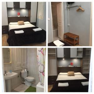 3 fotos de una habitación con 2 camas y un baño en SANT ANTONI HOSTAL, Sustainable Tourism, en Barcelona