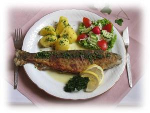 um prato de comida com peixe e legumes em Panoramahotel Wolfsberg em Bad Schandau