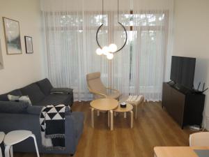 ein Wohnzimmer mit einem Sofa, einem Tisch und einem Kronleuchter in der Unterkunft Family Apartment Lipno Lake in Lipno nad Vltavou