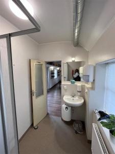 La salle de bains est pourvue d'un lavabo et de toilettes. dans l'établissement Übernachten im nostalgischen Bahnwaggon, à Bogen