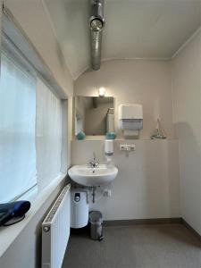 La salle de bains est pourvue d'un lavabo et d'une fenêtre. dans l'établissement Übernachten im nostalgischen Bahnwaggon, à Bogen