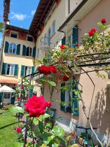 einen Garten mit roten Rosen vor einem Gebäude in der Unterkunft Casa Lari Stresa in Stresa