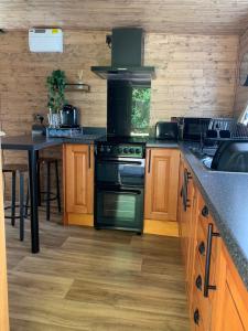 a kitchen with a stove and a table at 1 bedroom woodland cabin in Launceston