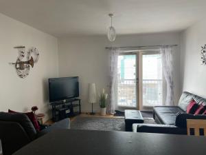 a living room with a couch and a tv at Wexford Town Centre Apartment in Wexford
