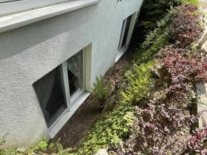 een luchtzicht op een huis met ramen en bloemen bij Haus Niedersachsen Apartment 12 in Timmendorfer Strand