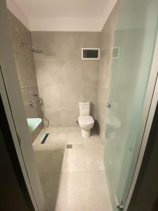 a bathroom with a toilet and a shower and a sink at Ikaros Studios in Faliraki +33 photos