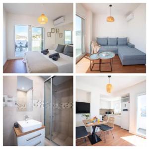 a collage of photos of a bedroom and a living room at Sea View Penthouse Beach and the City in Agios Nikolaos
