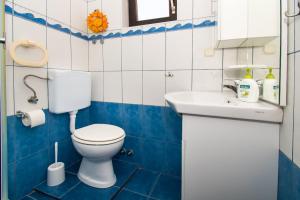 a blue and white bathroom with a toilet and a sink at Apartments Danica in Murter +23 photos