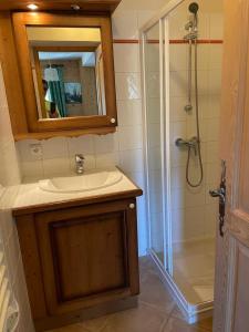 a bathroom with a sink and a shower with a mirror at M3 in Le Grand-Bornand