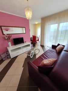 a living room with a couch and a tv at Lavanda Samarin in Zambratija