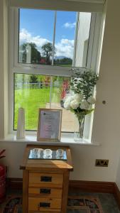 een raam met een vaas met bloemen op een tafel bij Corraglass House - close proximity to Cuilcagh in Letterbreen