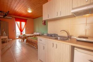 a kitchen with a sink and a room with a bed at Studios ORAMA in Nea Vrasna +24 photos