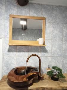 a sink in a bathroom with a mirror at Casuta din Deal in Vaideeni