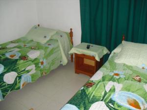 two twin beds in a room with green curtains at Pension El Guanche in Frontera