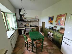 a kitchen with a table and a green table at Serena in Dobrovo