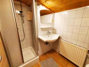 a small bathroom with a sink and a shower at Sauschneidhof - Radstadt in Radstadt +22 photos