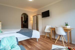1 dormitorio con cama, mesa y escritorio en Haus-Schwanensee-Wohnung-24 en Bosau