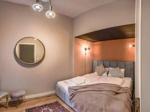 a bedroom with a large bed with a large mirror at A Budapest True Gem For You close to Danube River in Budapest
