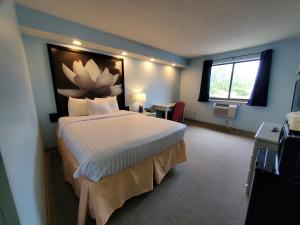 Coastal Inn & Suites في ويلمنجتون: غرفة نوم بسرير كبير عليها لوحة ازهار كبيرة