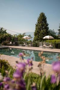 una piscina con sombrillas, sillas y flores púrpuras en Hotel Salgart en Merano