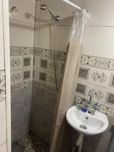uma casa de banho com um lavatório e um chuveiro em Portak GuestHouse Near SEVAN Lake em Sevan