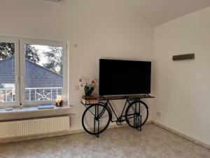 a flat screen tv on a bike in a living room at KLIMATISIERTE schöne 110 qm große moderne und helle Wohnung in Heilbronn