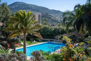 a pool with a palm tree and mountains in the background at Villa Megna - Green Paradise B&B in Sferracavallo