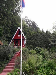 una bandera en un asta de bandera frente a una cabina roja en Ferienhaus Sommerland Auszeithütte, en Freyung