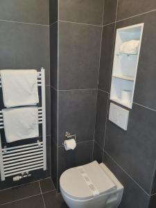 ein Bad mit WC und Handtüchern an der Wand in der Unterkunft Guesthaus 2 in Dudelange