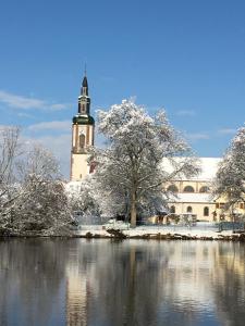 budynek z wieżą zegarową w śniegu obok jeziora w obiekcie Bienvenue en Alsace w mieście Huttenheim
