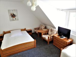 OsiekiにあるDworek Osieckiのベッドルーム(ベッド1台、テレビ、椅子付)