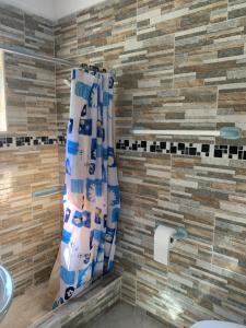 a bathroom with a shower curtain and a toilet at Robin Hood Guest House in Port Antonio