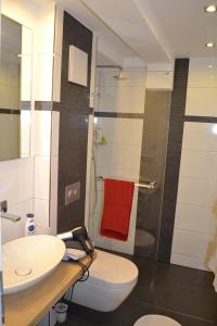 ein Bad mit einem WC, einem Waschbecken und einer Dusche in der Unterkunft Apartment mit Meeresblick in Binz