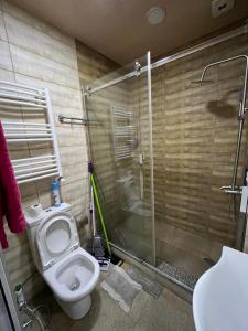 a bathroom with a toilet and a glass shower at Apartament DeLux Sea View in Batumi +12 photos