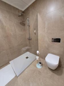 a bathroom with a shower and a toilet and a tub at APOLINÁRIO in Castrovicente